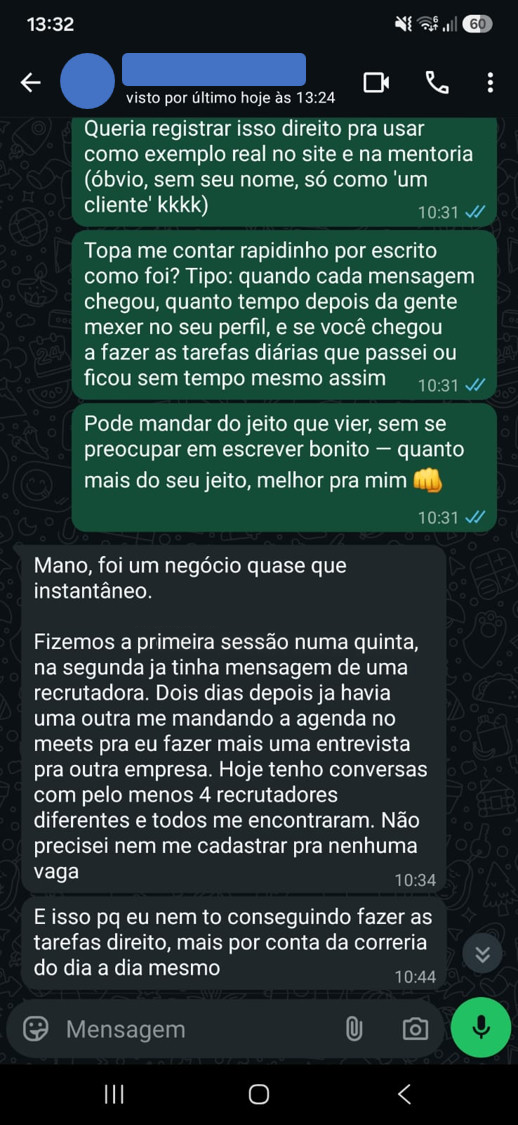 Conversa real de WhatsApp com um cliente do Método IEO, nome e foto ocultos